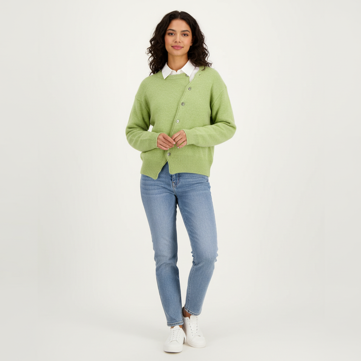 Asymmetrisch gebreid damesvest met knoopsluiting – Lorin