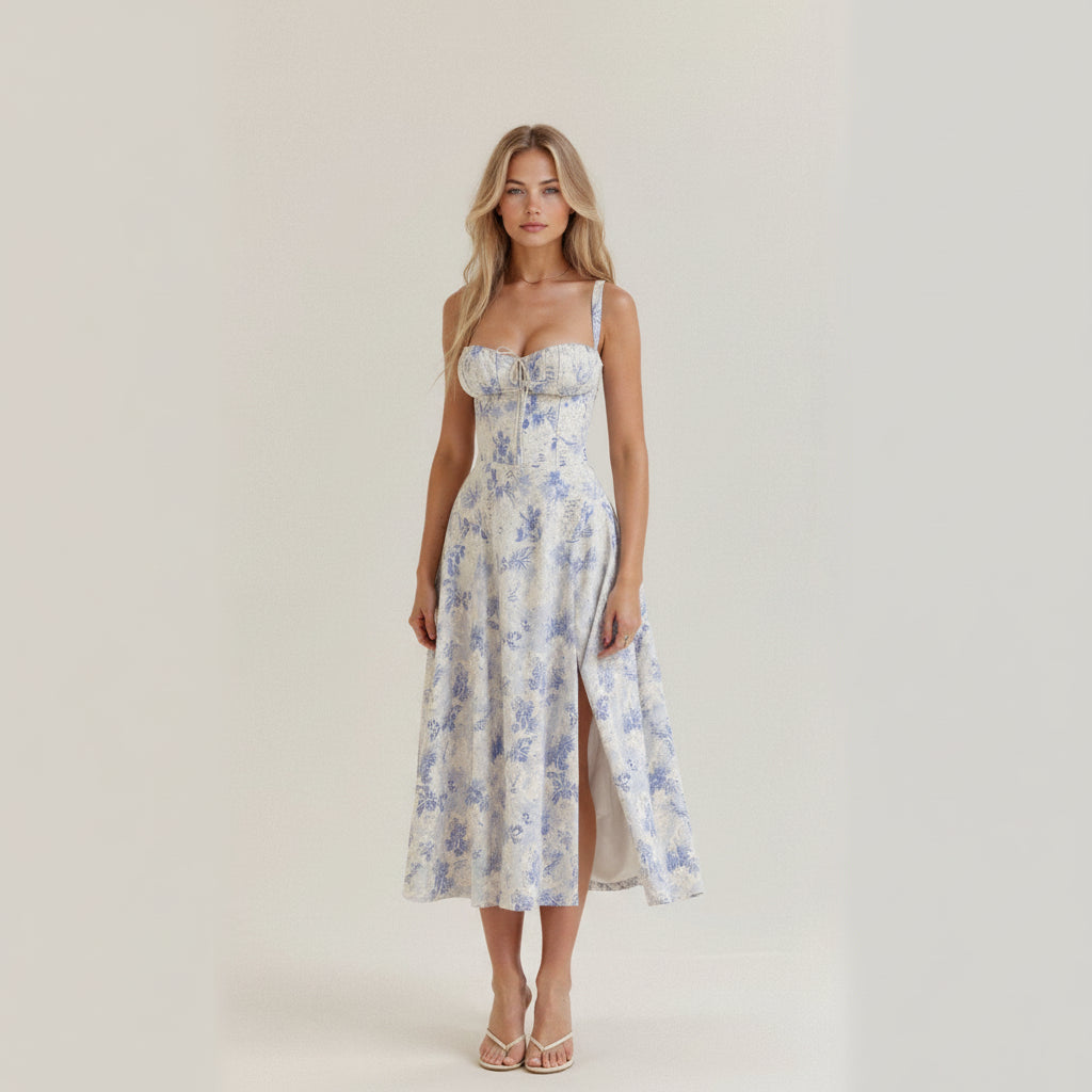 Bloemenprint bustier midi jurk met split - Margaret