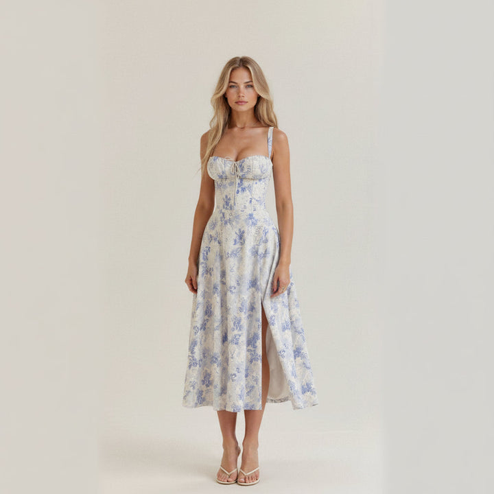 Bloemenprint bustier midi jurk met split - Margaret