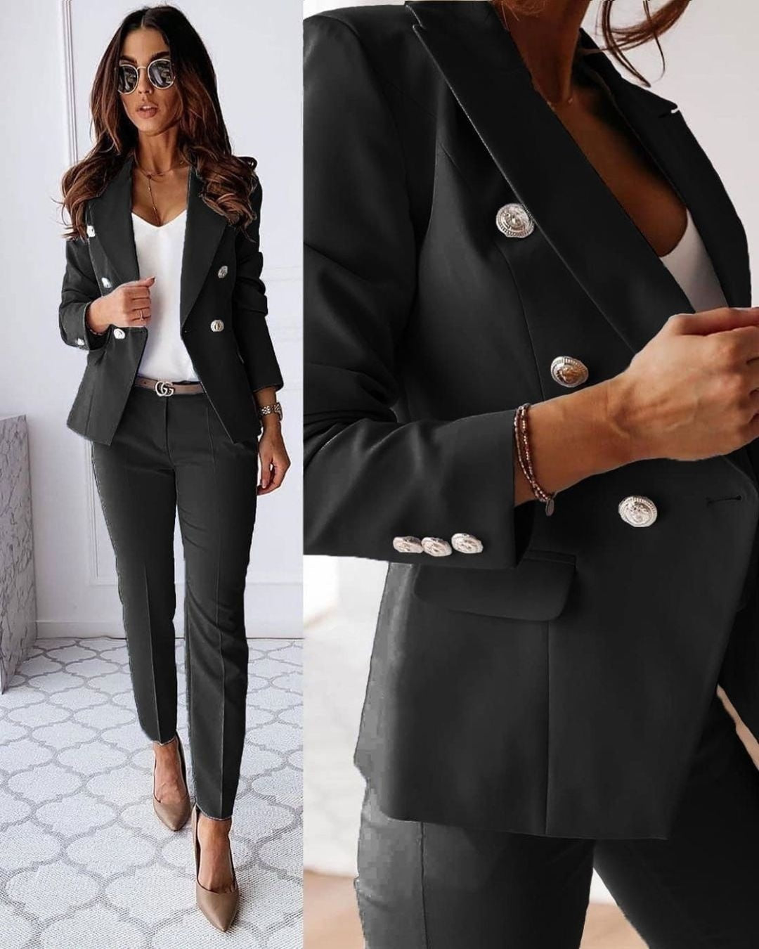 Damespak double-breasted blazer met slim fit pantalon