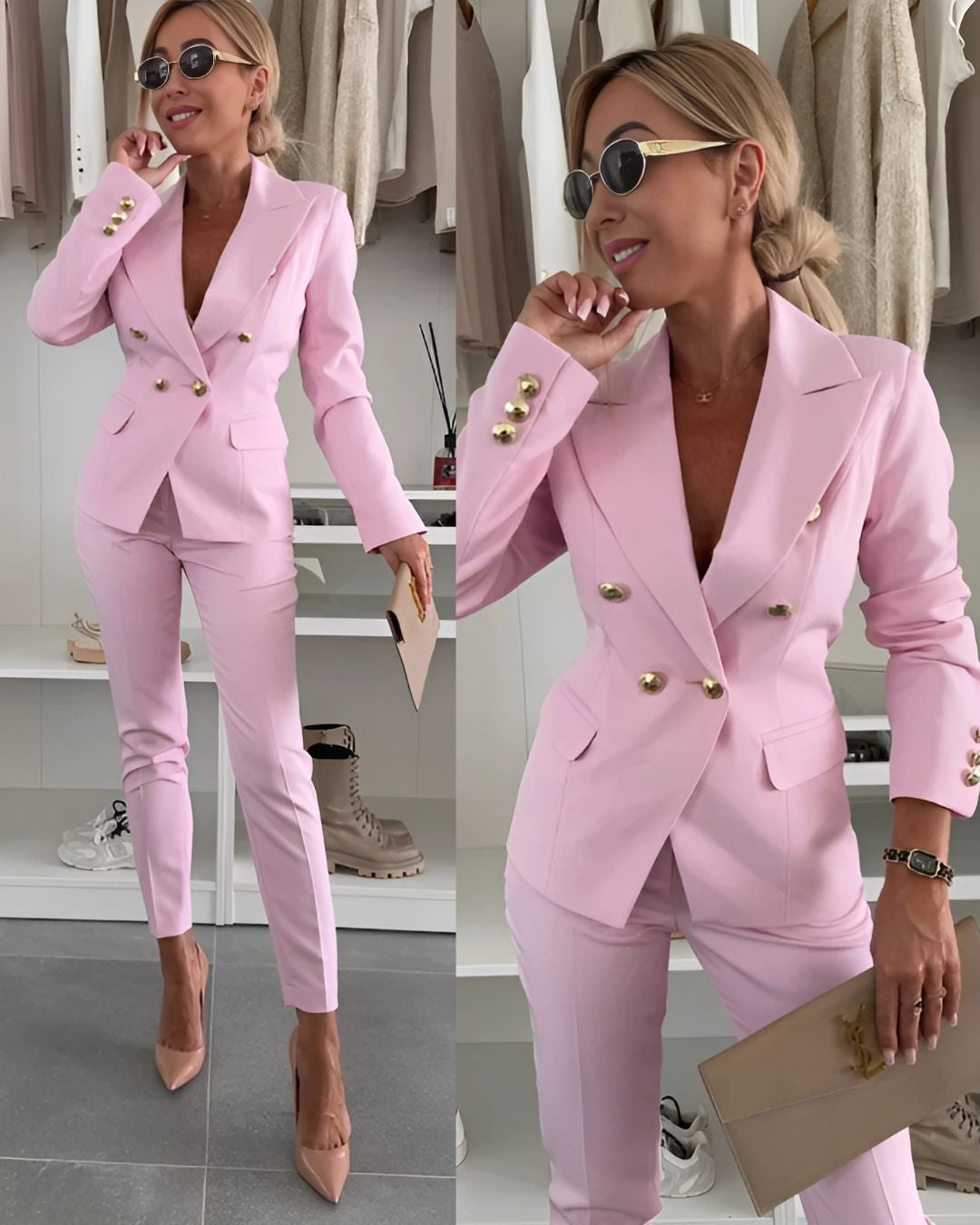 Damespak double-breasted blazer met slim fit pantalon
