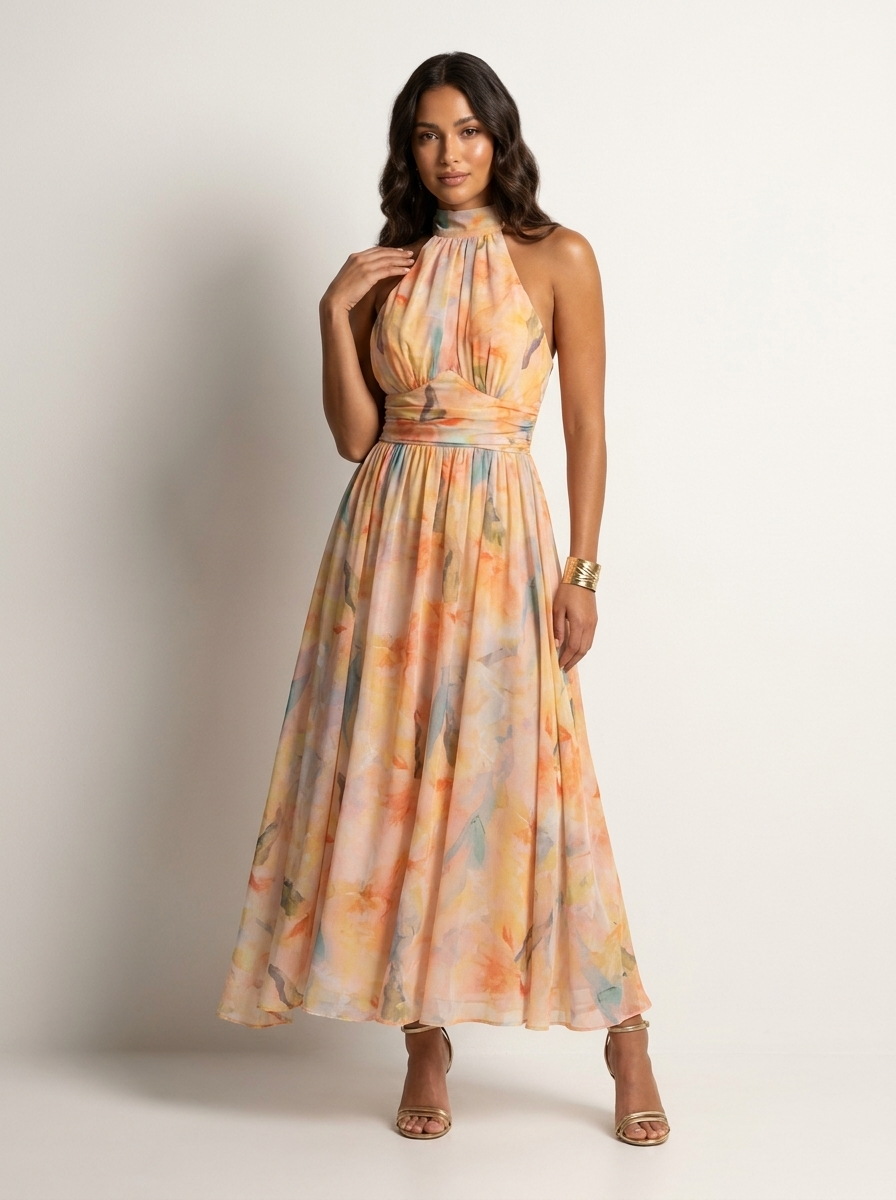 Elegante halter maxi jurk met pastelprint - Amélie