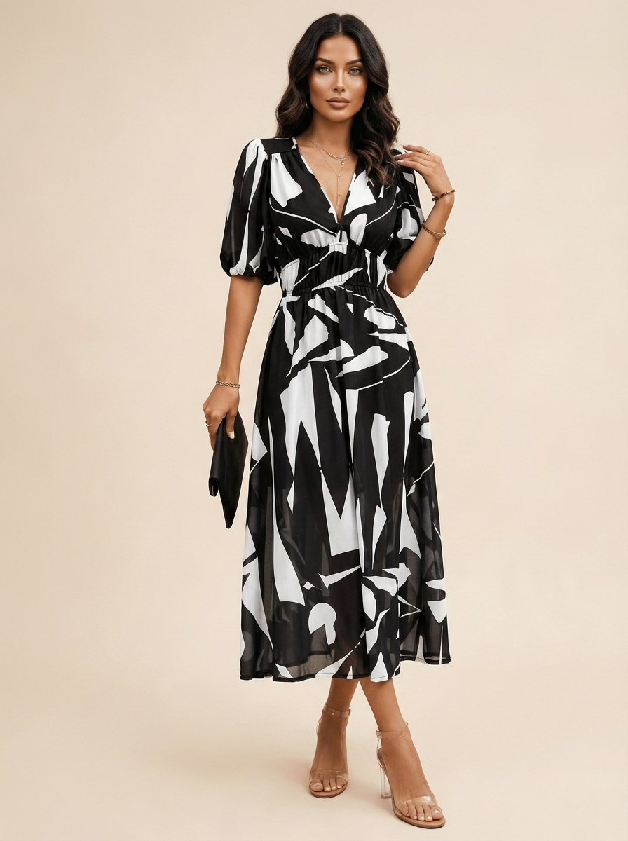 Elegante midi jurk met print en V-hals - Roxanne