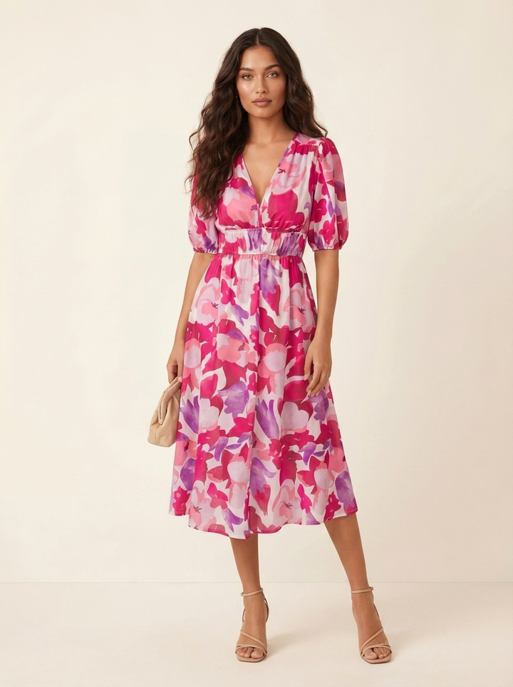 Elegante midi jurk met print en V-hals - Roxanne