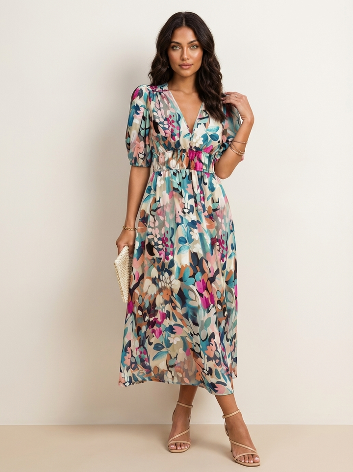 Elegante midi jurk met print en V-hals - Roxanne