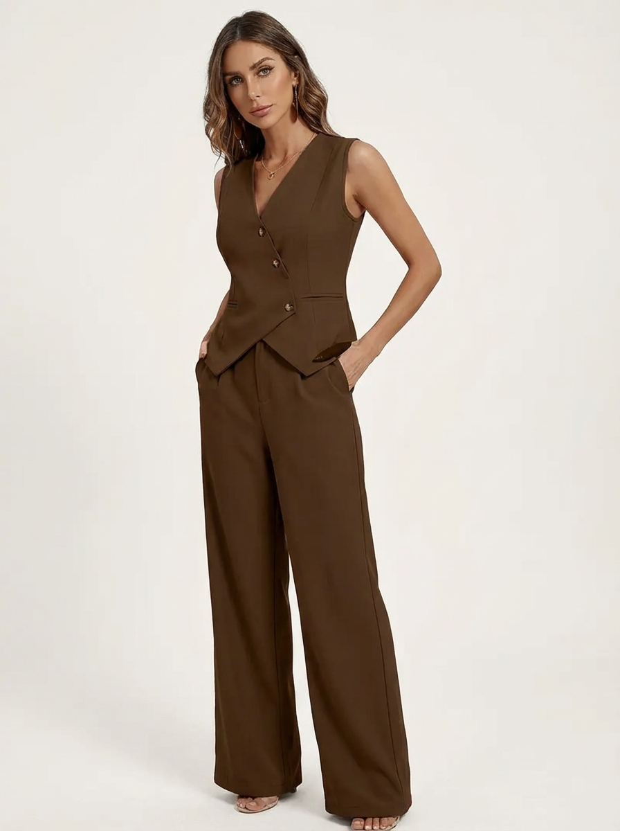 Elegante mouwloze dames set met gilet en wijde pantalon - Denise