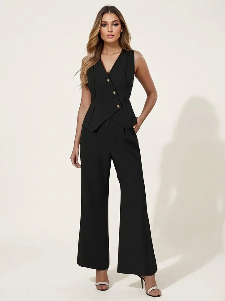 Elegante mouwloze dames set met gilet en wijde pantalon - Denise