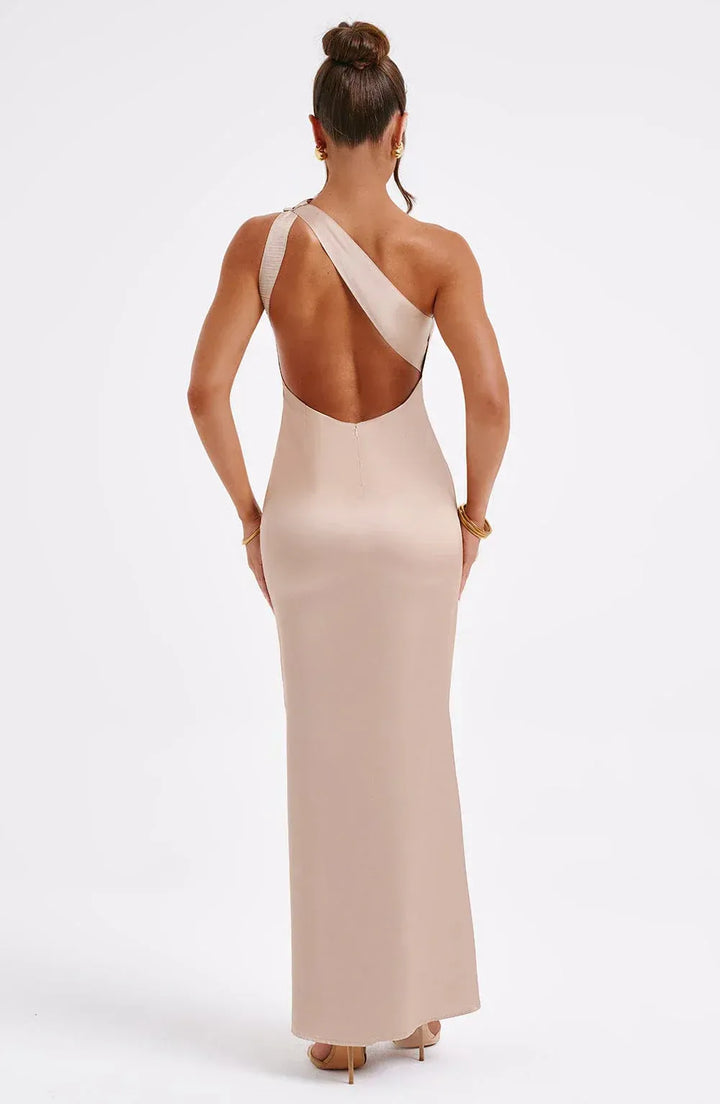 Elegante asymmetrische satijnen maxi jurk – Valentina