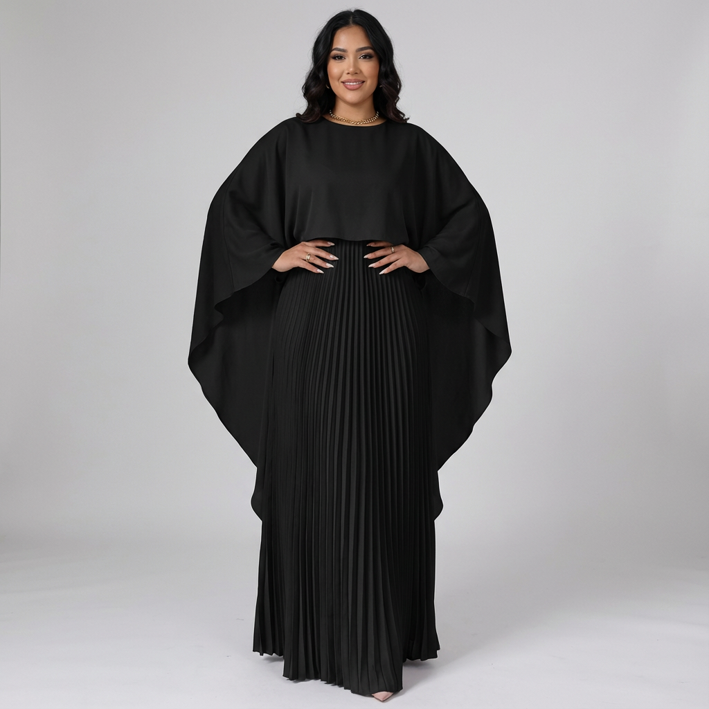 Elegante plissé maxi jurk met vleermuismouwen – Celeste