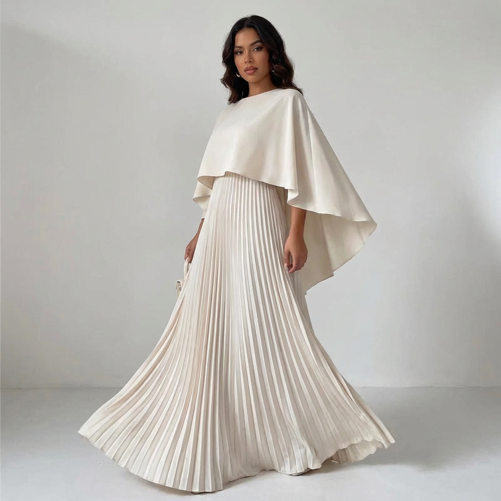 Elegante plissé maxi jurk met vleermuismouwen – Celeste