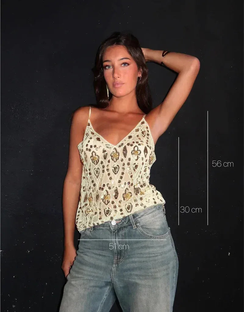 Elegante dames glitter top met luxe borduursels – Seraphina