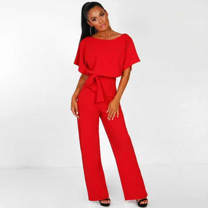 Elegante dames jumpsuit met strikceintuur en wijde pijpen