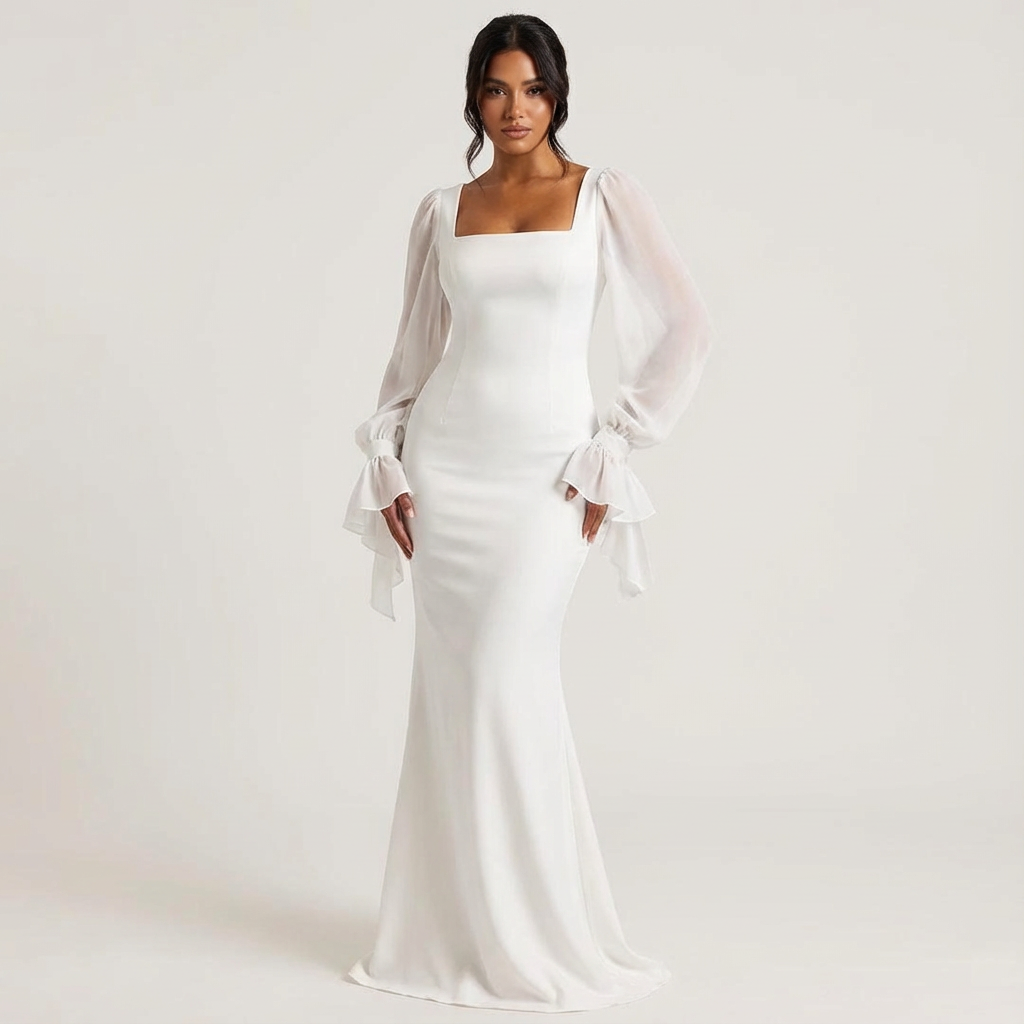 Elegante lange jurk met chiffon mouwen