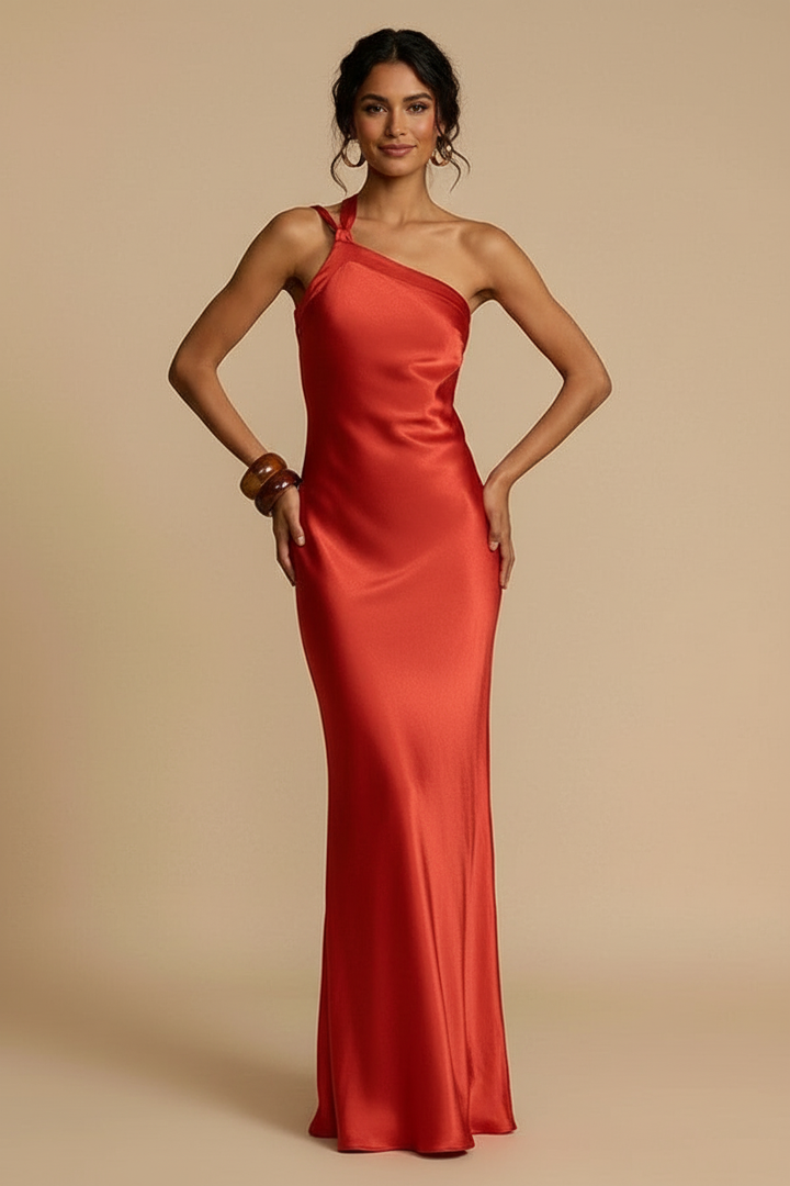 Elegante one-shoulder satijnen avondjurk – Valéry