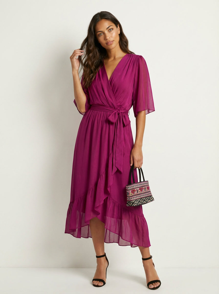 Flowy midi wikkeljurk met ceintuur - Elin