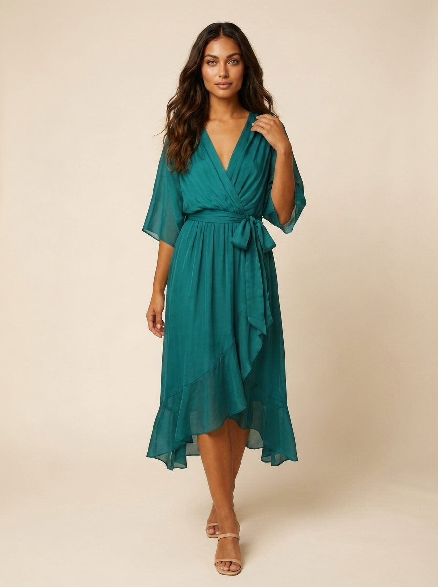 Flowy midi wikkeljurk met ceintuur - Elin