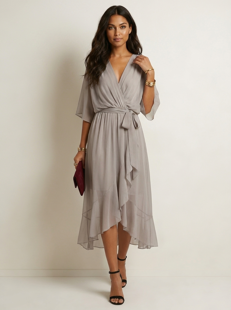 Flowy midi wikkeljurk met ceintuur - Elin
