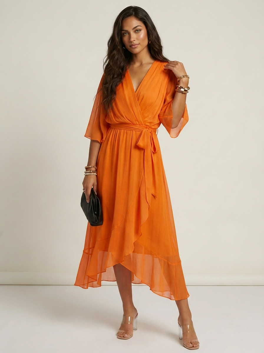 Flowy midi wikkeljurk met ceintuur - Elin