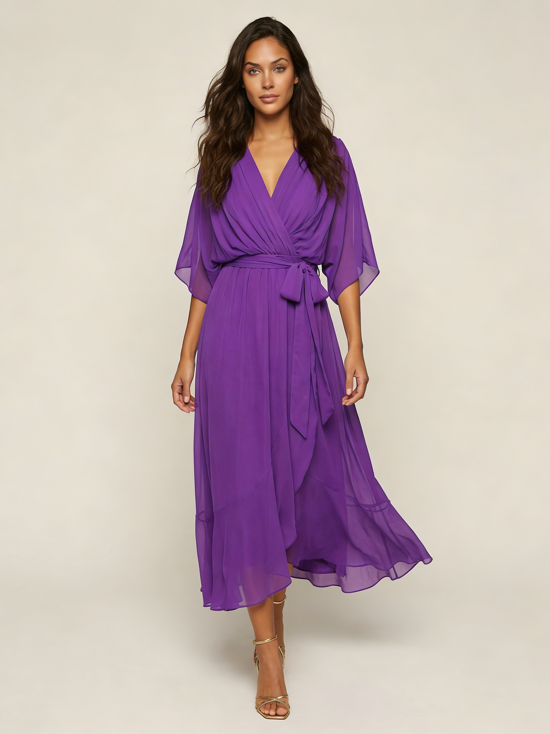 Flowy midi wikkeljurk met ceintuur - Elin