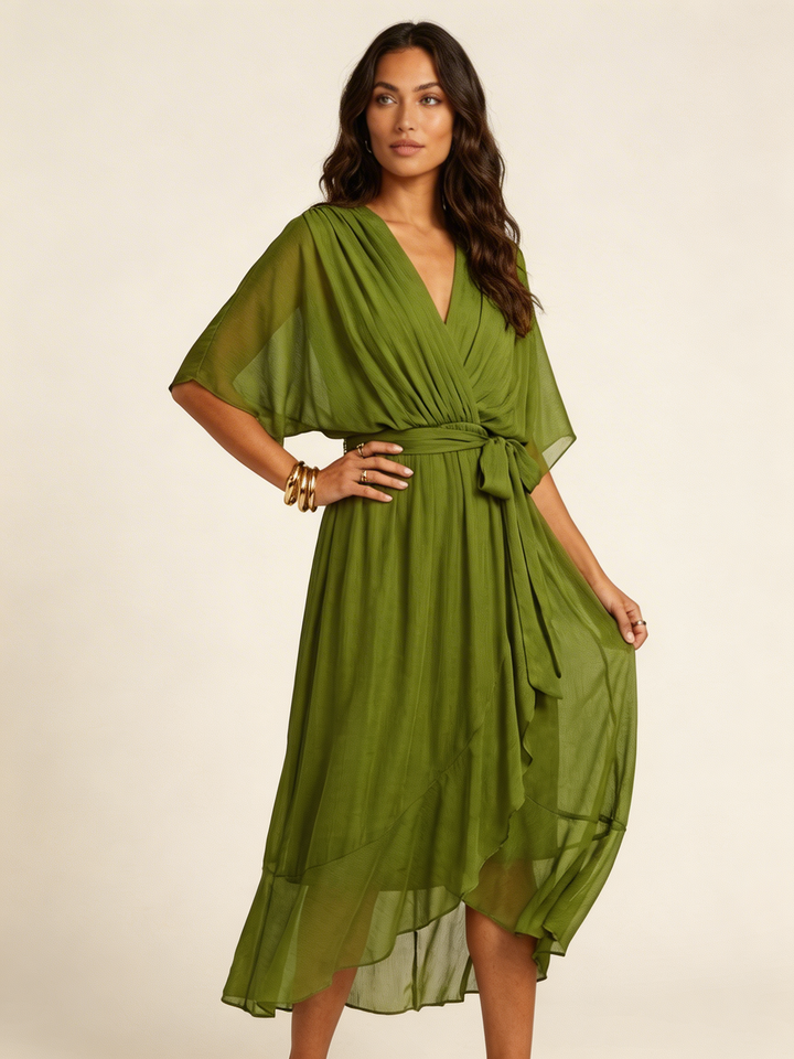Flowy midi wikkeljurk met ceintuur - Elin