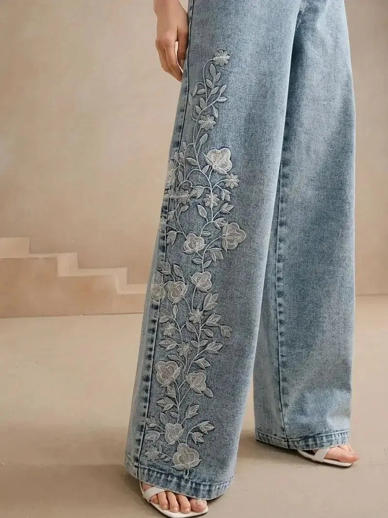 Geborduurde wide leg dames jeans – Flora