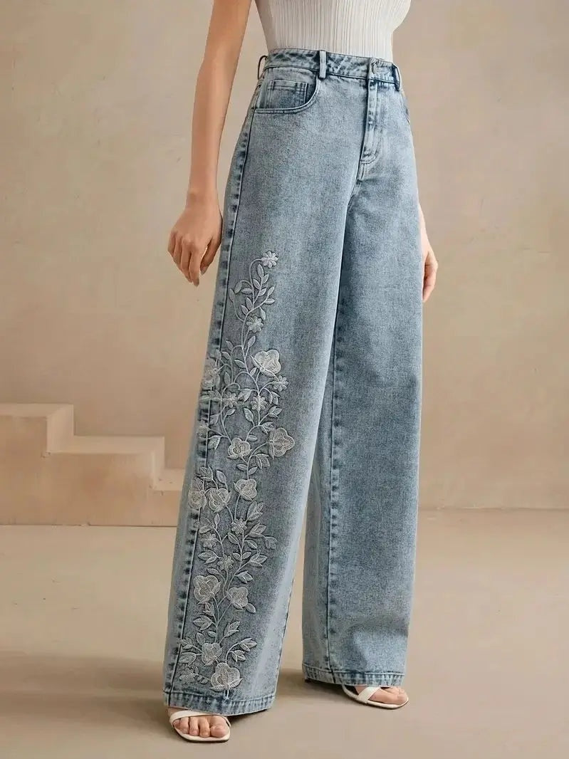Geborduurde wide leg dames jeans – Flora