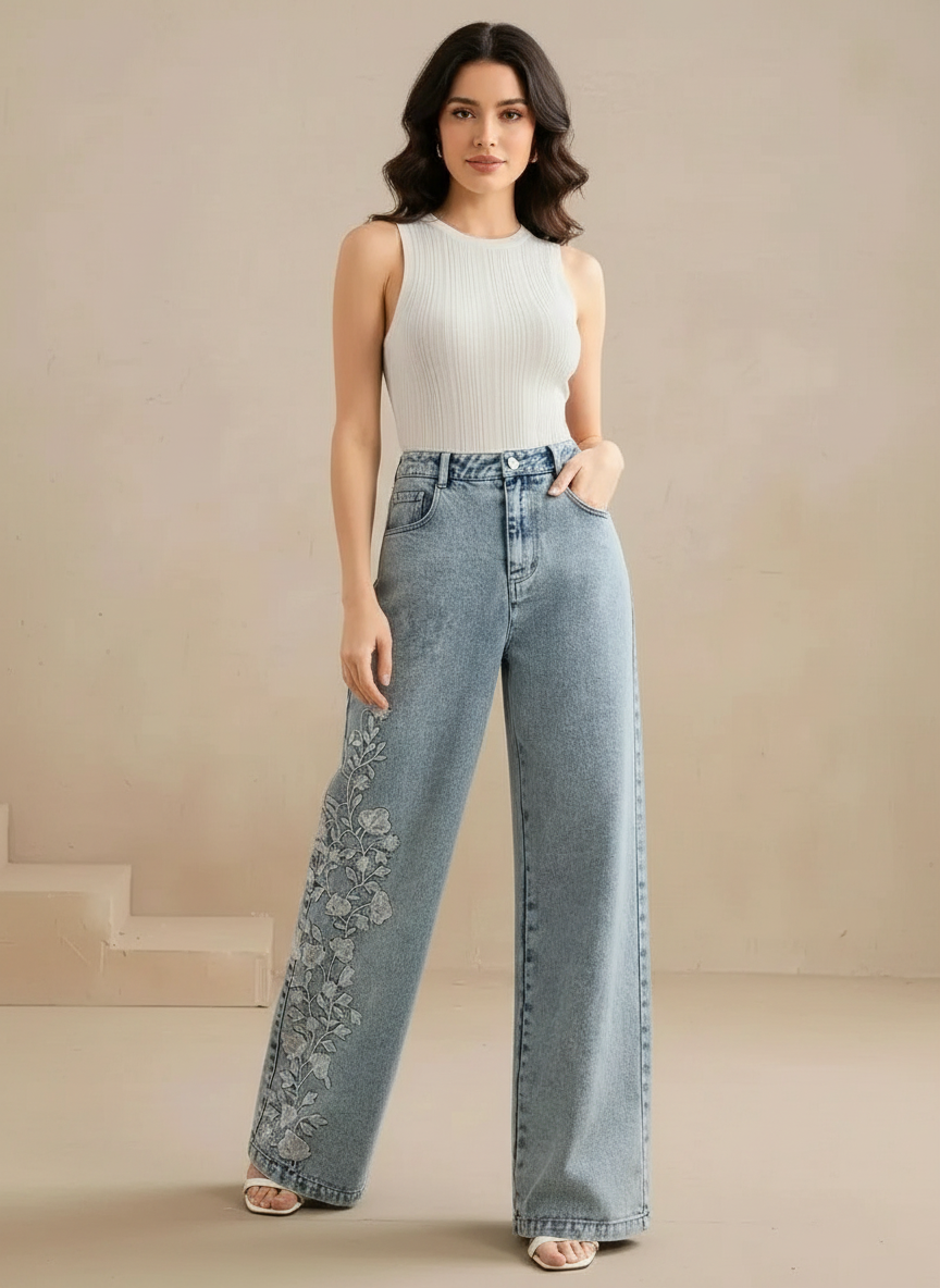 Geborduurde wide leg dames jeans – Flora