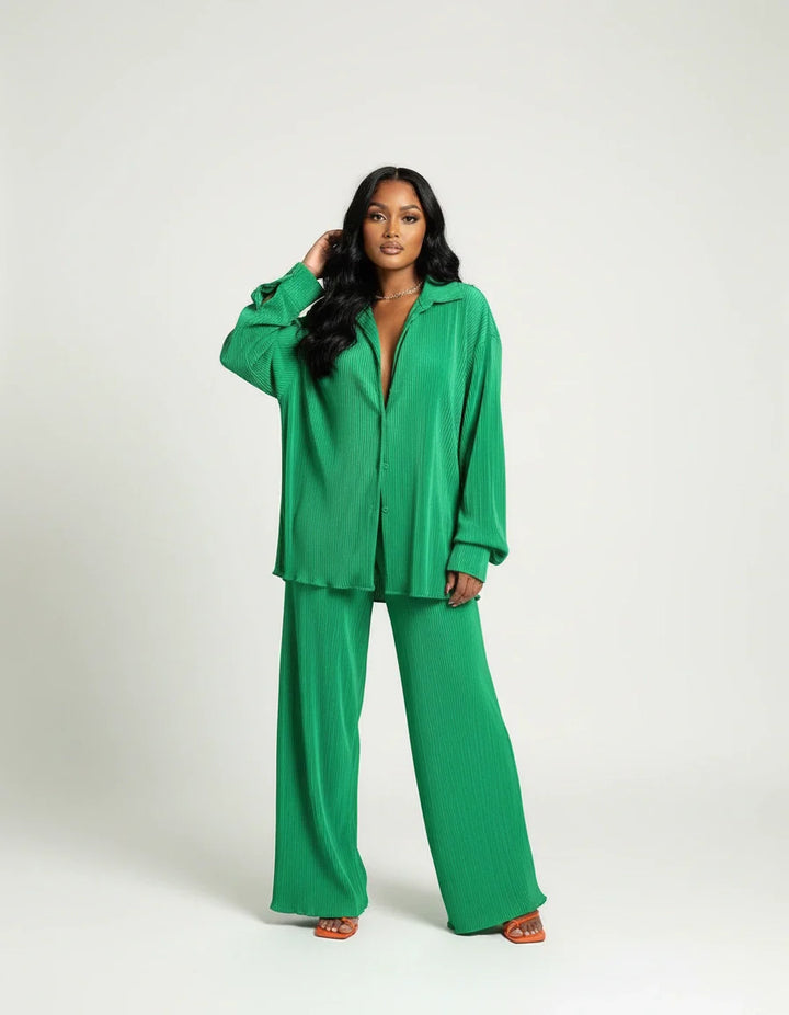 Geplooide dames lounge set met blouse en broek – Amélie