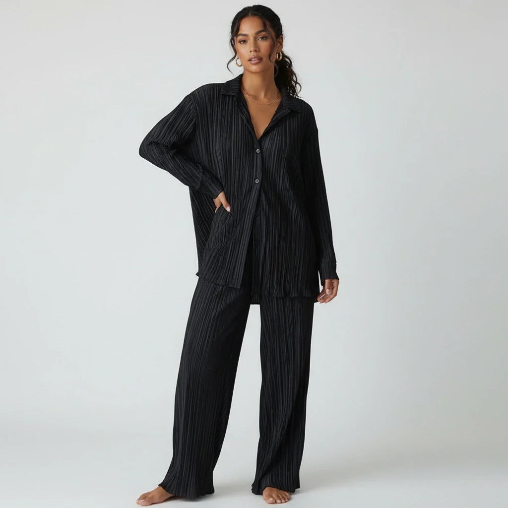 Geplooide dames lounge set met blouse en broek – Amélie