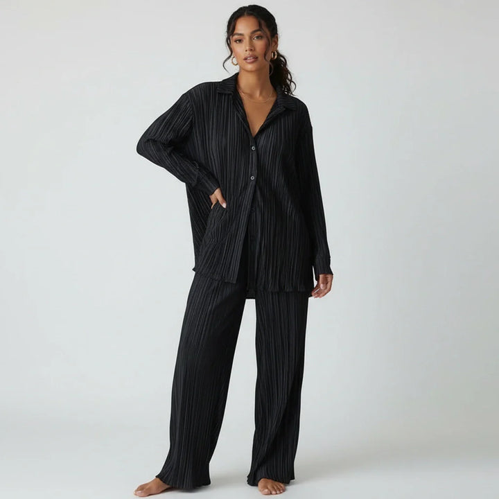 Geplooide dames lounge set met blouse en broek – Amélie