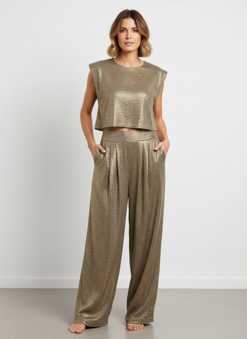 Glanzende two-piece set met cropped top en wide-leg broek – Alina