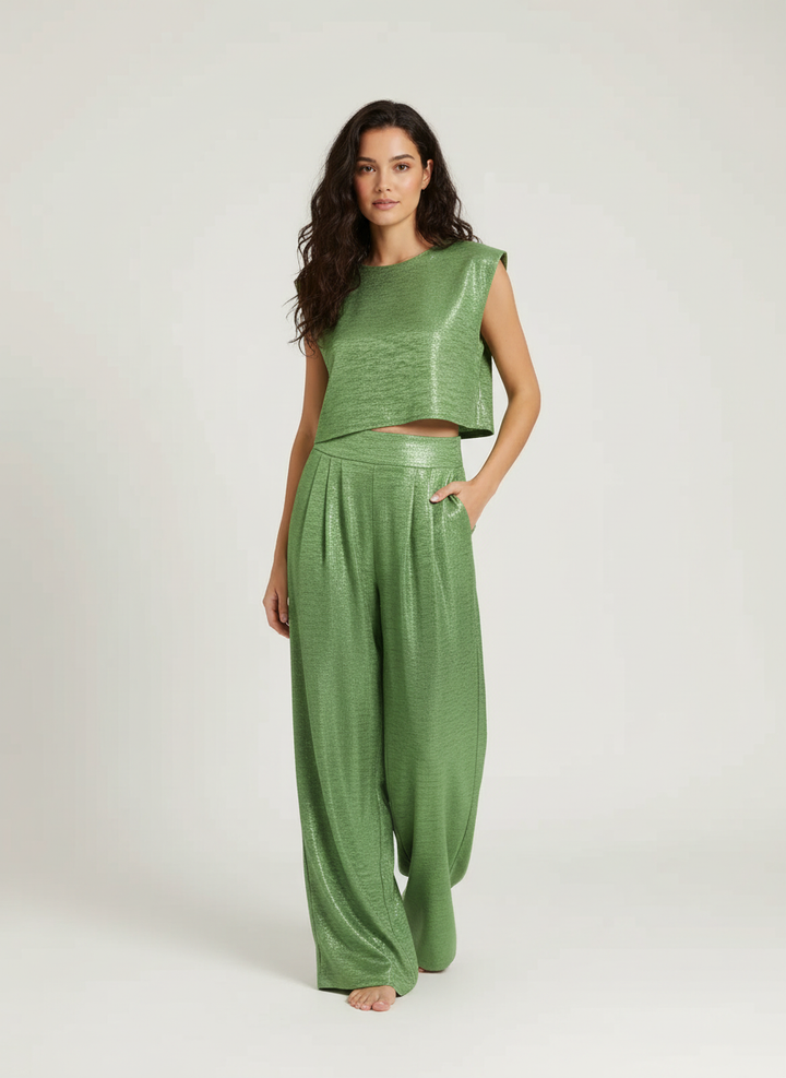 Glanzende two-piece set met cropped top en wide-leg broek – Alina