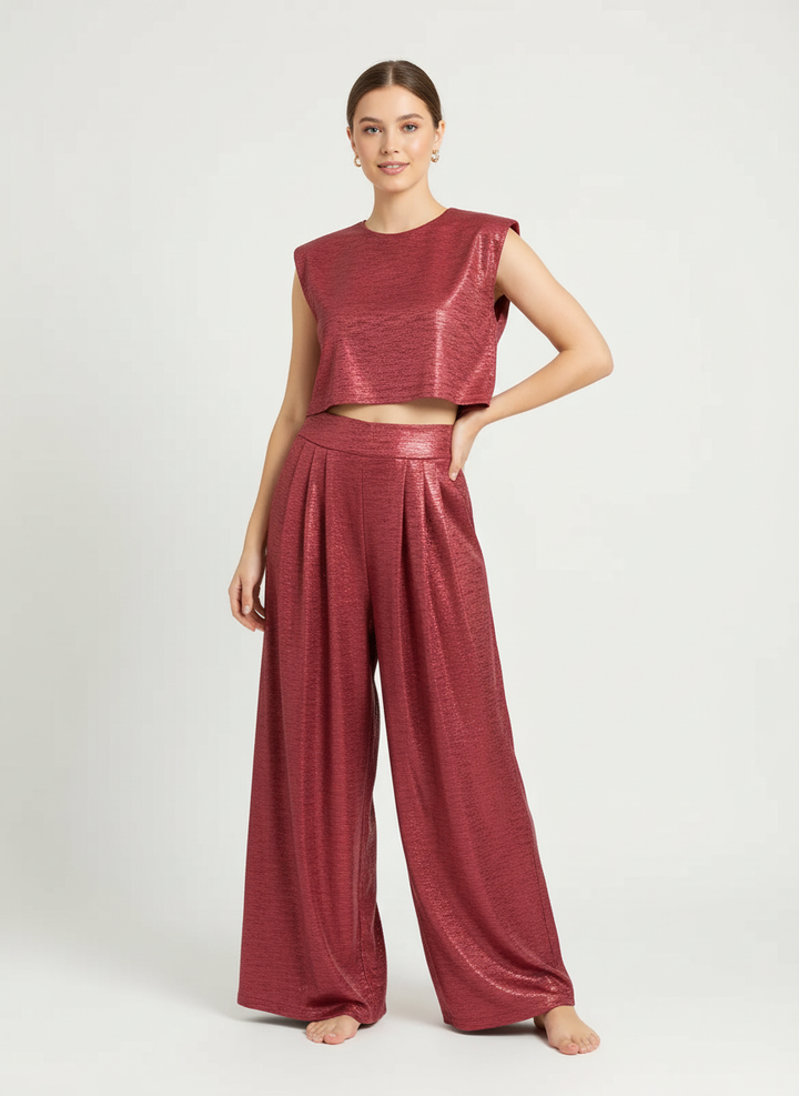 Glanzende two-piece set met cropped top en wide-leg broek – Alina
