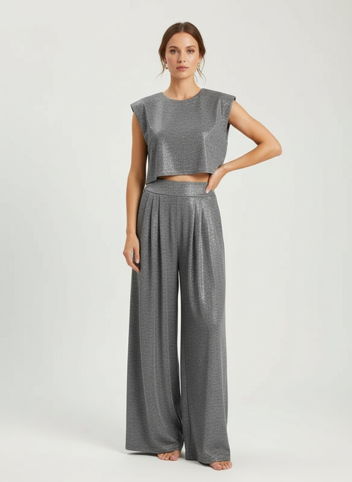 Glanzende two-piece set met cropped top en wide-leg broek – Alina