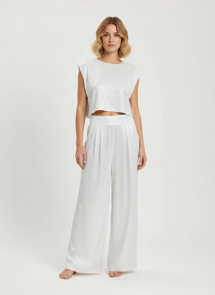 Glanzende two-piece set met cropped top en wide-leg broek – Alina