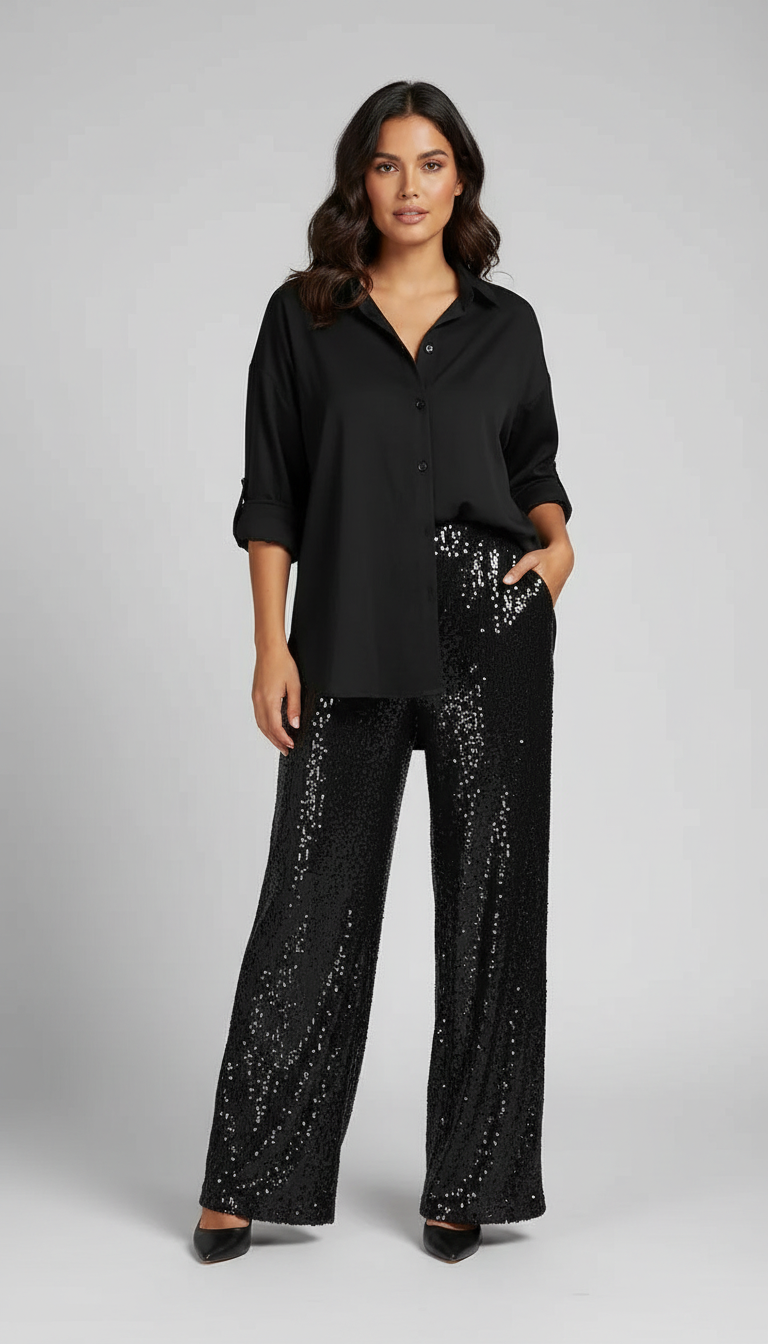 Glinsterende dames set met blouse en wijde broek