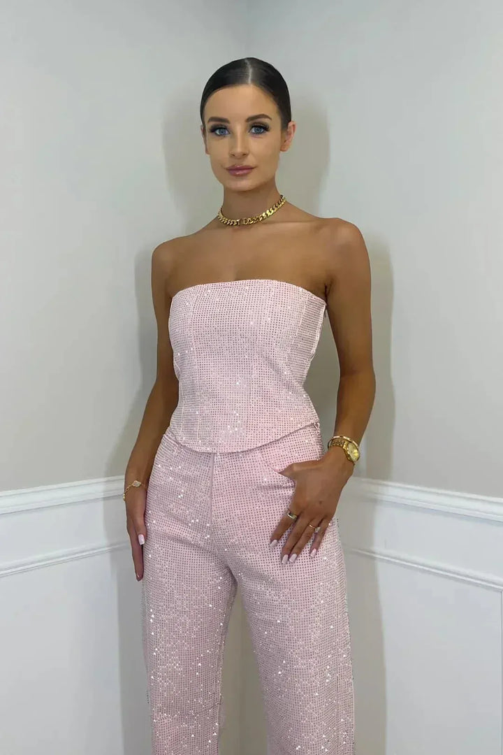 Glitter tweedelige set met strapless top en high-waist broek