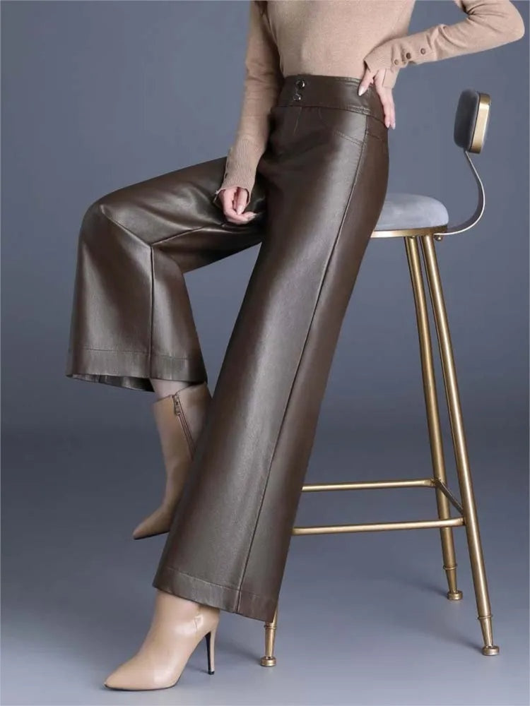 High-waist leren dames broek met wijde pijpen – Empress