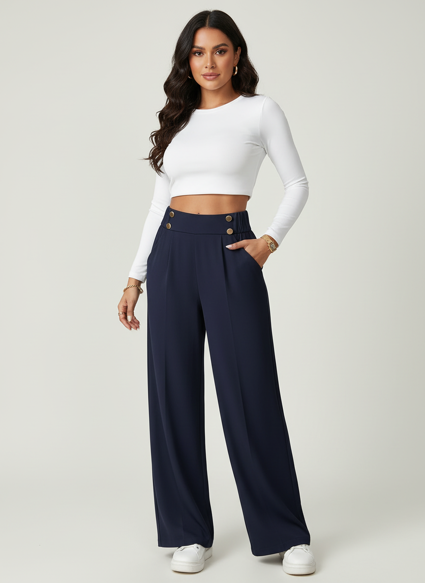 High waist pantalon dames met knoopdetails – Margaux