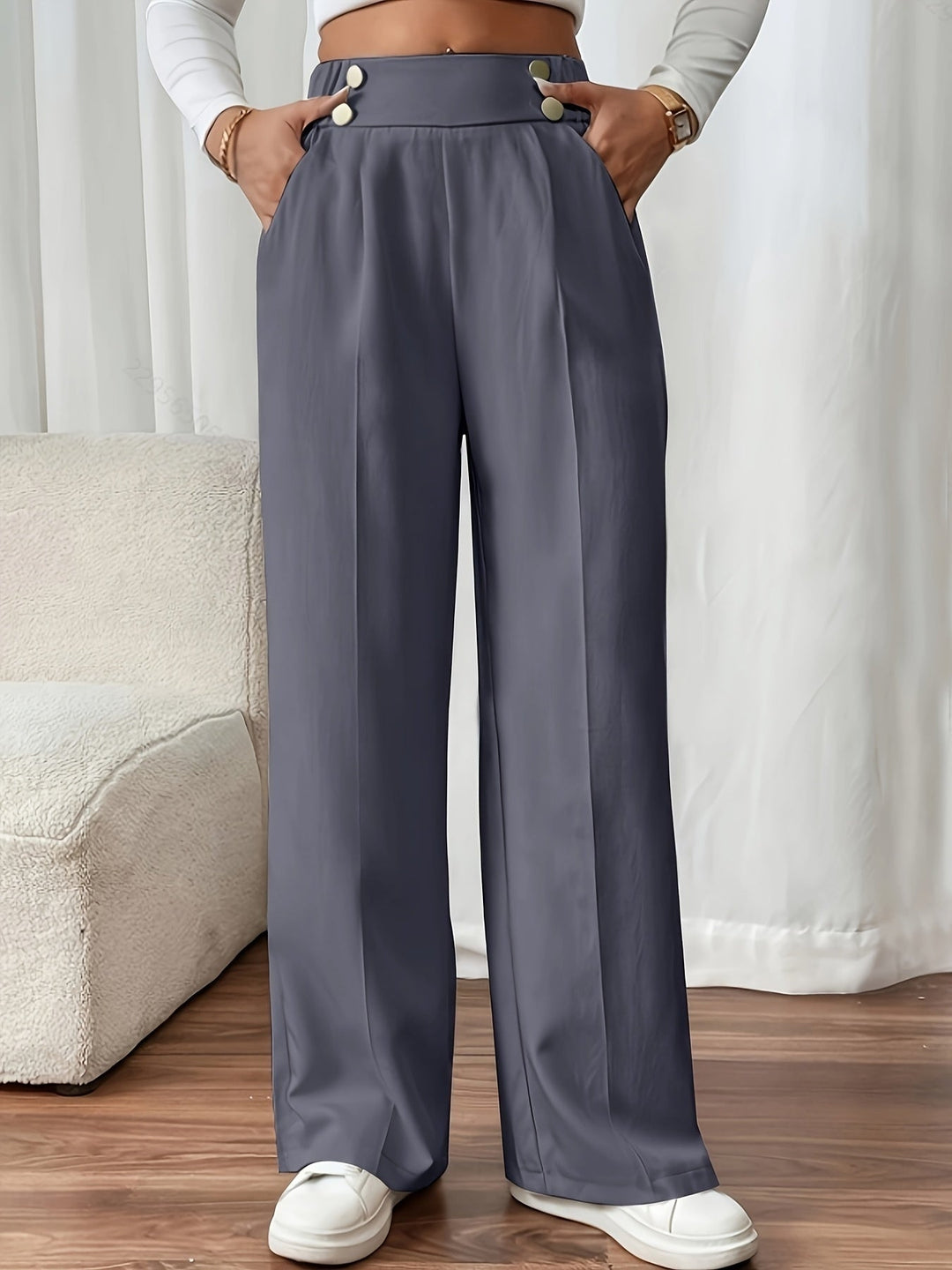 High waist pantalon dames met knoopdetails – Margaux