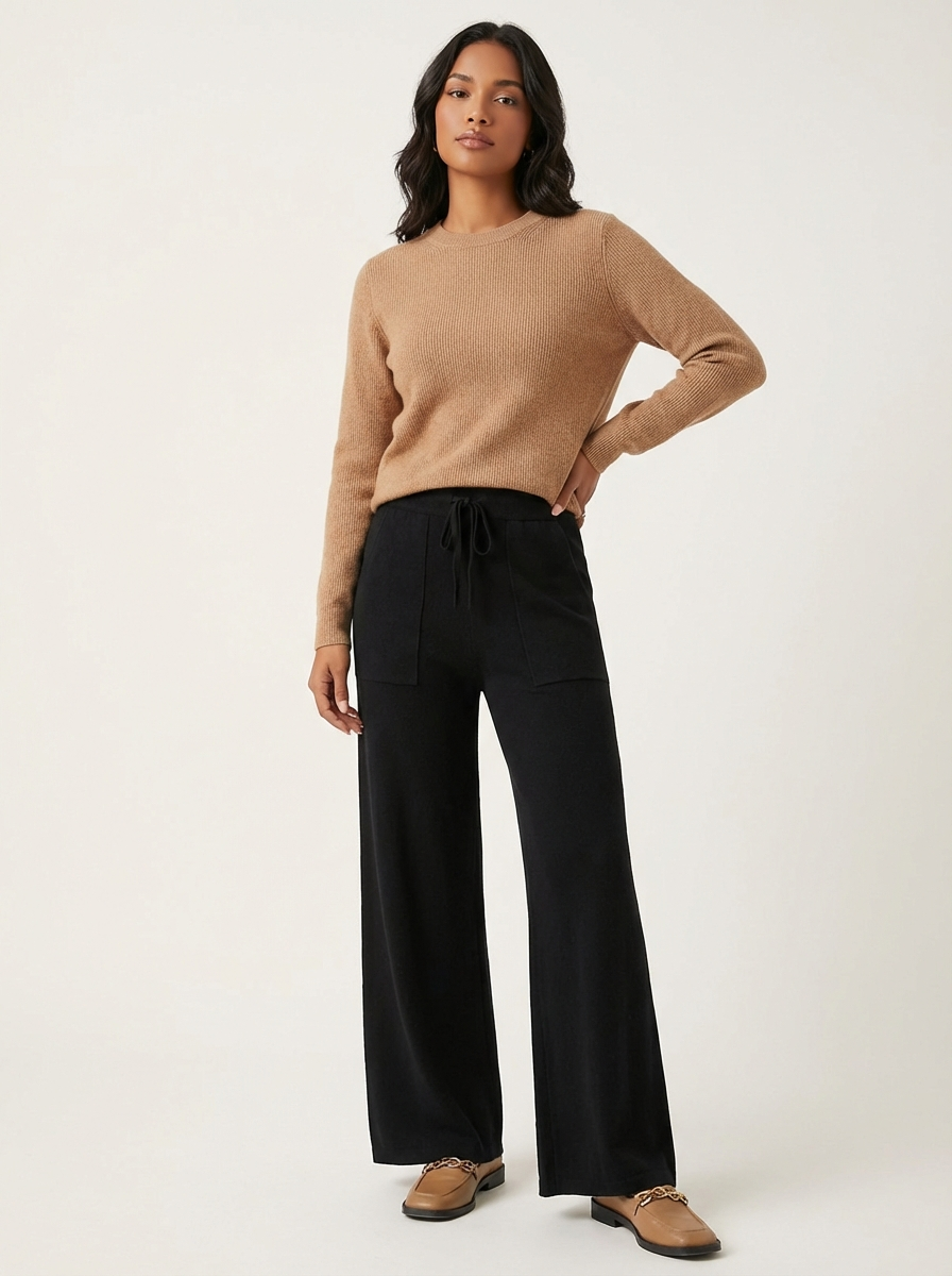 Hoge taille gebreide broek met wijde pijp – Eléonore