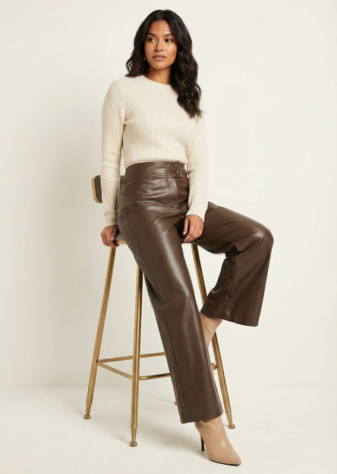 Hoge taille leren flared broek – Celestine