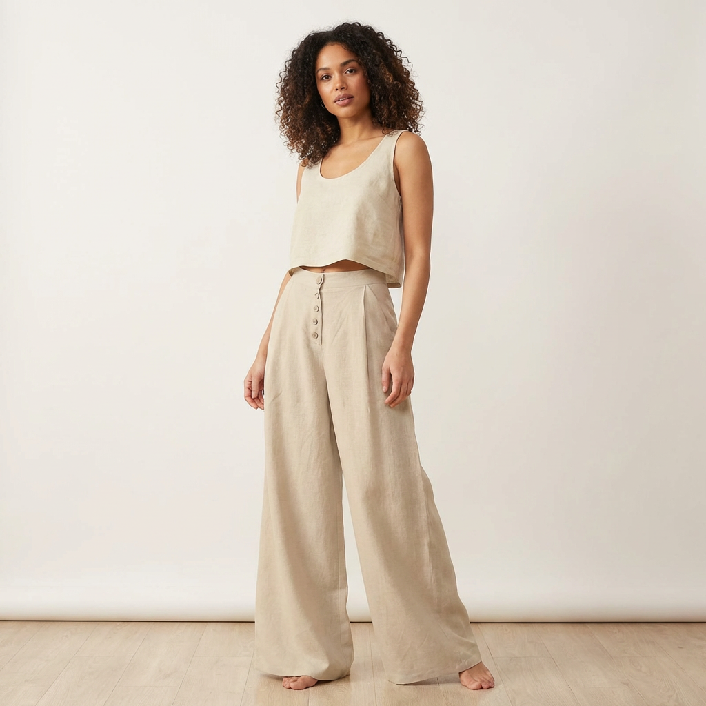 Hoge taille palazzo broek met knoopsluiting – Solène