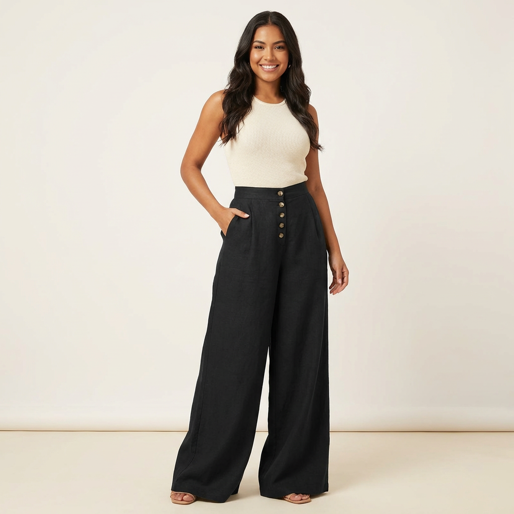 Hoge taille palazzo broek met knoopsluiting – Solène