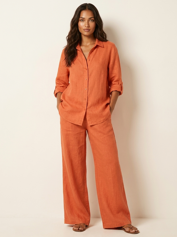 Linnenlook tweedelige set met wijde broek - Emma