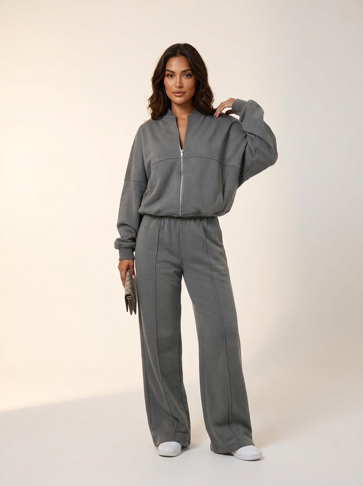 Luxe lounge set met ritsjack en wide leg broek - Nova