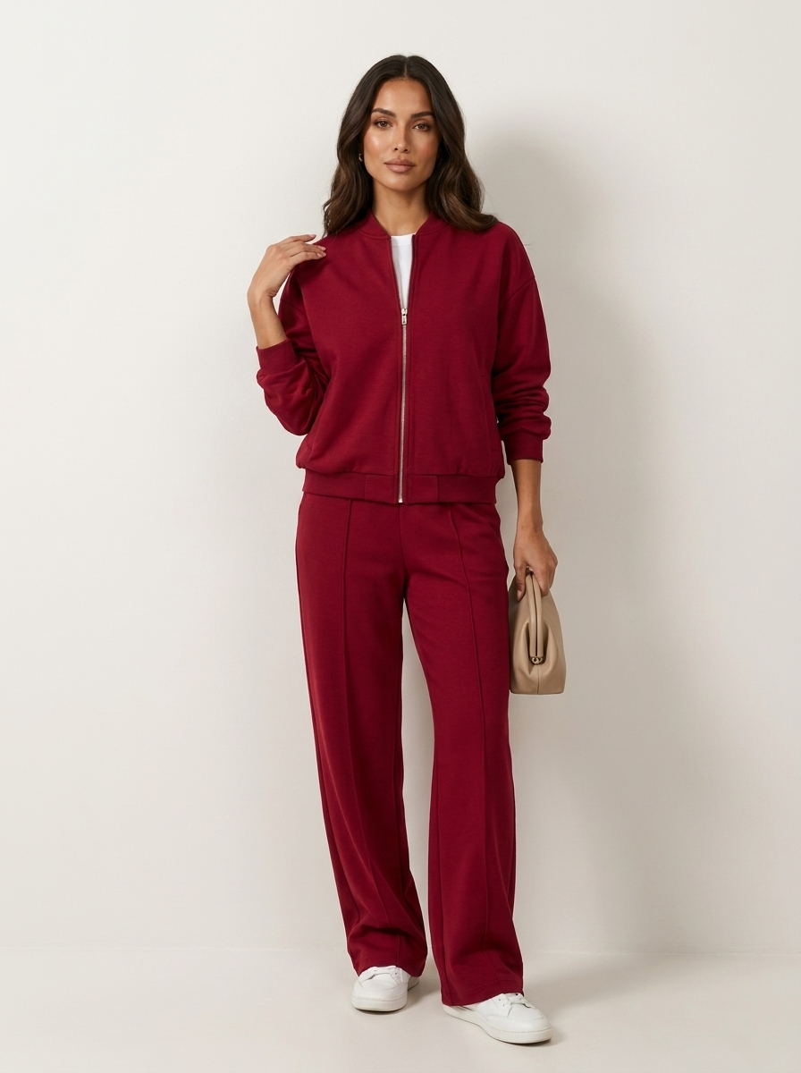 Luxe lounge set met ritsjack en wide leg broek - Nova