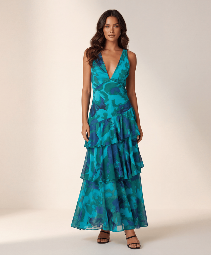 Mouwloze maxi jurk met gelaagde rok - Mila
