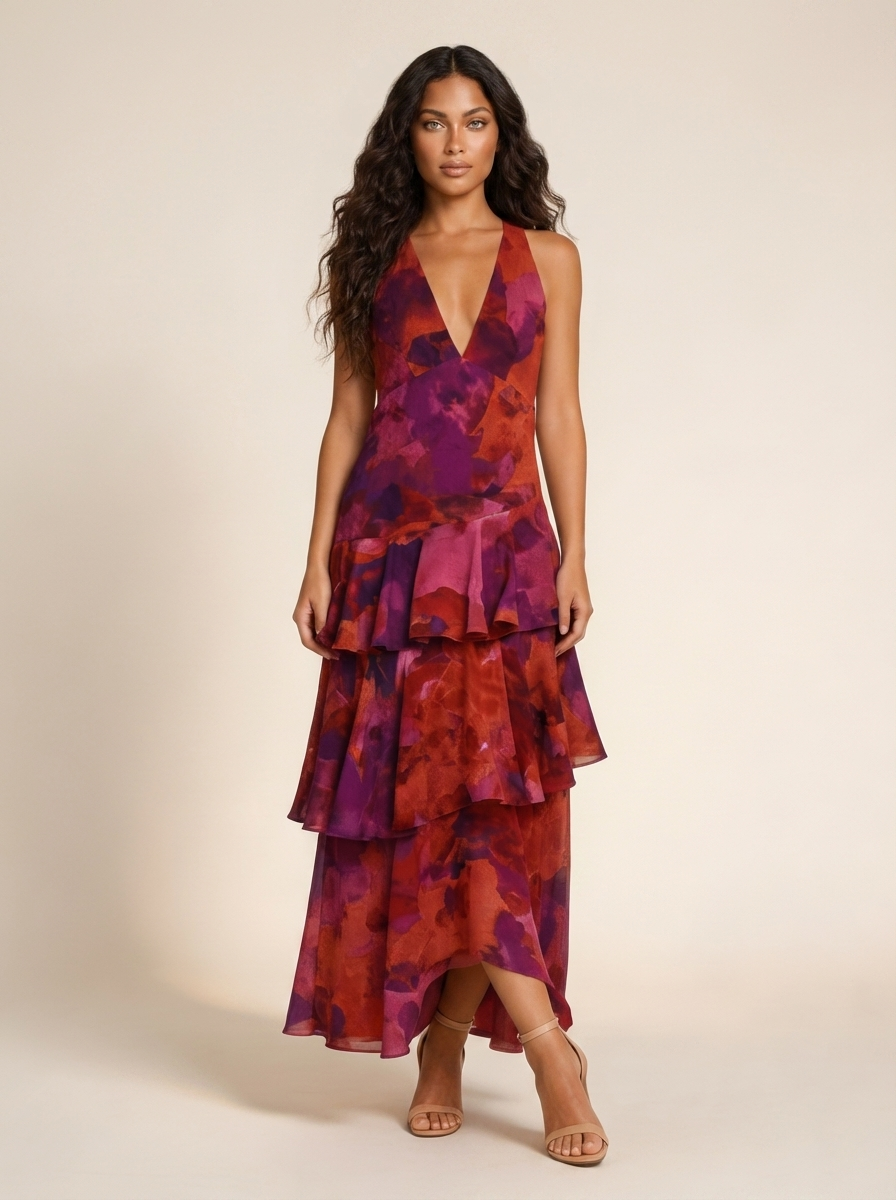Mouwloze maxi jurk met gelaagde rok - Mila