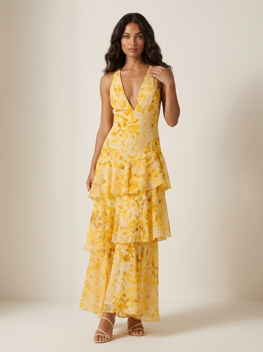 Mouwloze maxi jurk met gelaagde rok - Mila